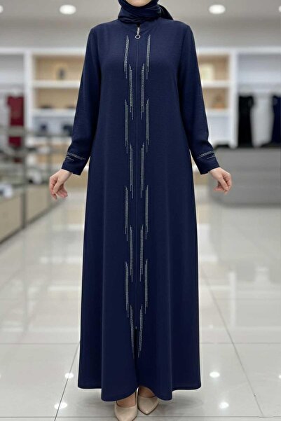 Tesettür Diyarı Kadın Önü Taş İşlemeli Uzun Ferace-Lacivert