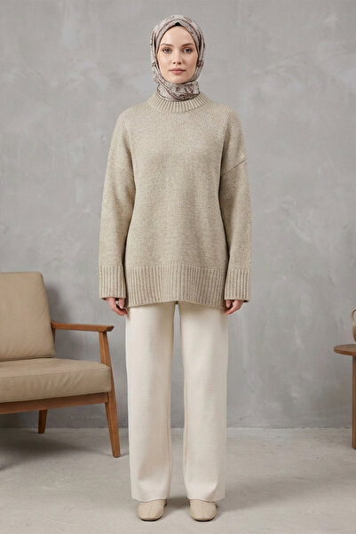 Kirazgym Women's Crew Neck Skirt Ribbed Loose Knit Sweater - Light Mink