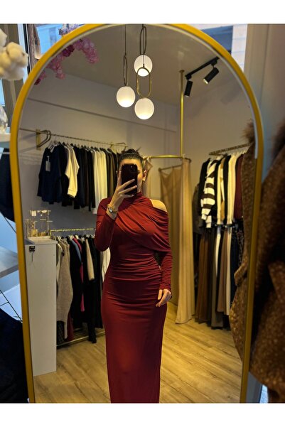 miabutik19 Omuz detaylı likralı drapeli uzun elbise