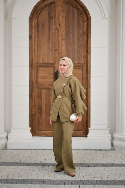 LOCCO Women's Gold Belted Button Detail Suit in Fat Green