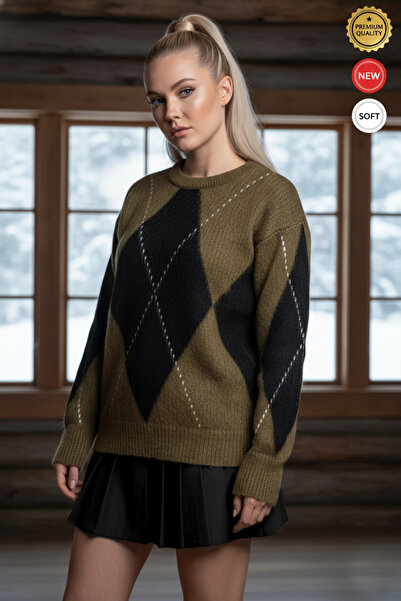 Millionaire Women's Single Diamond Pattern Beard Detailed Oversize Knitwear S...