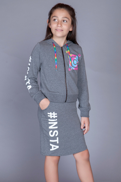 Toontoy Girl's 2-Piece Set Printed Hooded Zipper Sweatshirt & Basic Pencil Sk...