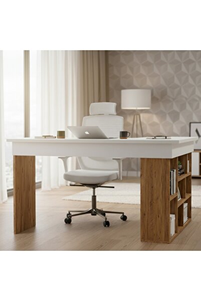Misterium Atlas Kitaplıklı Bilgisayar ve Çalışma Masası - Atlantik Çam Beyaz