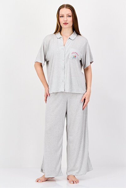 PEANUTS طقم بيجاما نسائي مطرز مكون من قطعتين، لون رمادي