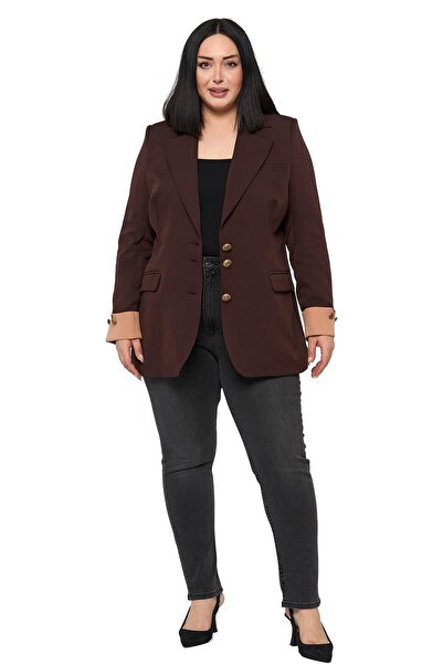 DISENTIS MODEST Jachetă blazer din nurcă maro, căptușită, cu detalii de nastu...