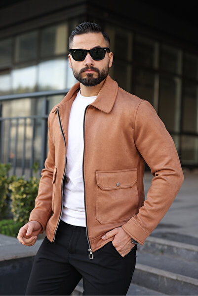 BASEL.CO Slim Fit Lined Suede Jacket with Pocket Flaps