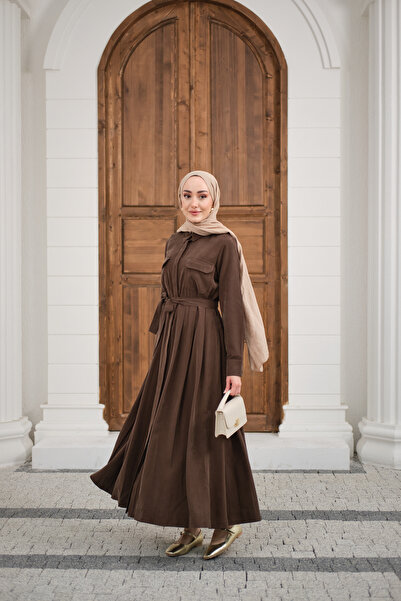 LOCCO Women's Belted Detail Shirt Dress Brown