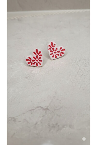 Lu Atelier Lisa Red Floral Pattern Heart Polymer Clay Earrings – Handmade Min...