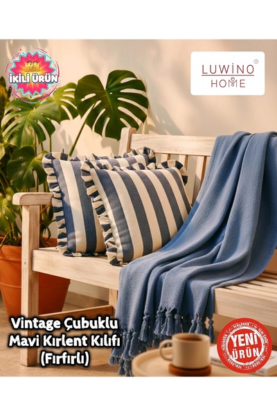 LUWİNO HOME Throw Pillow Cover Ruffled Linen Vintage Stick Series 42 X 42 cm (Set of 2)