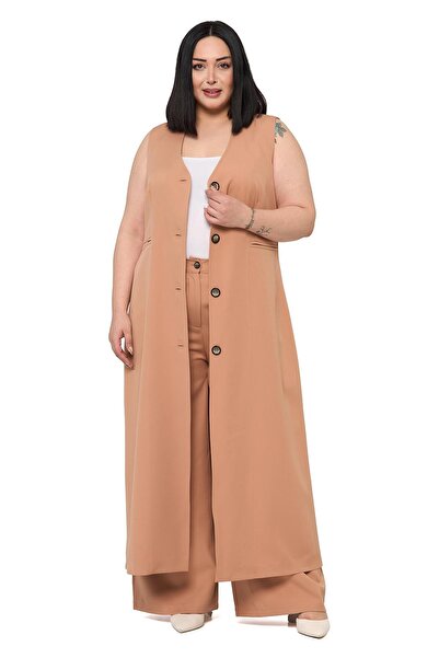 DISENTIS MODEST Plus Size Maxi Vest Pants Mink Double Set