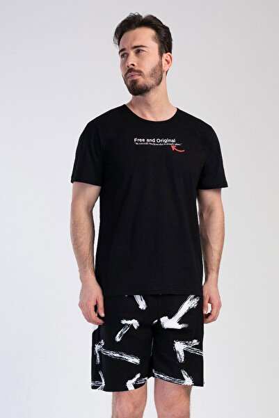 VİENETTA Men's Short Sleeve Black Combed Cotton Pajama Set with Shorts C8T5N0104
