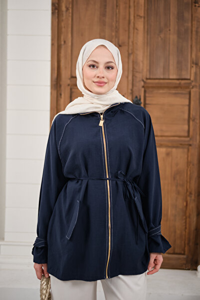 LOCCO Women's Gold Zipper Detail Stitched Jacket Navy Blue