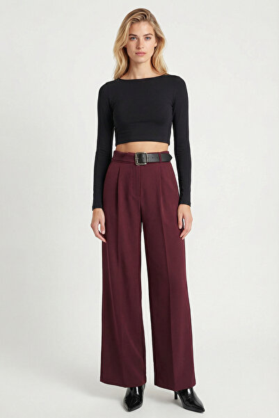Lovelyİstanbul Belt Detailed Woven Palazzo Trousers Lby0044 Bordo
