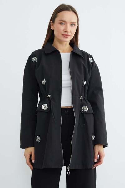 Fulla Moda Floral Embroidered Trench Coat with Elastic Waist