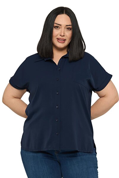 DISENTIS MODEST Large Size Single Pocket Short Double Sleeve Navy Blue Shirt