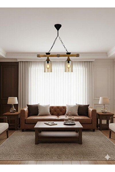 BİAVİZE AHŞAPLI BAL CAMLI 2Lİ TASARIM AVİZE