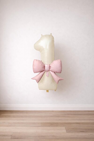 Patladı Gitti Pink Bow & Cream 1 Number Foil Balloon Set