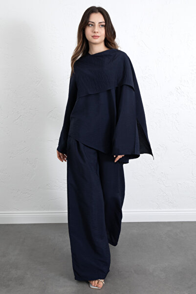 Salih Çelebi Asymmetrical Cut Scarf Suit 266009 - Dark Blue