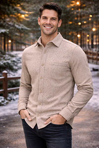 FBI Beige Lumberjack Shirt Men's Regular Fit Single Pocket Winter Shirt Styli...