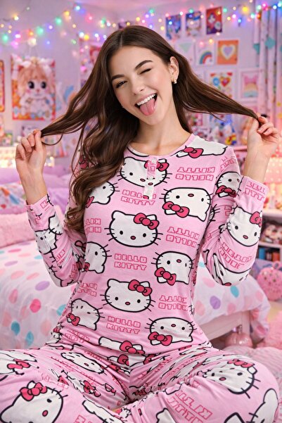 Kardelen Örme Tekstil Hello Kitty Desenli Penye Pijama Takımı 3 Düğmeli Yakal...