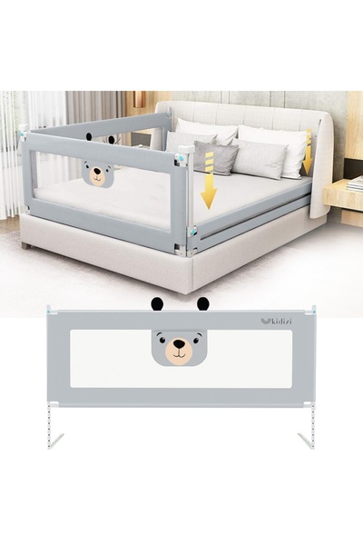 Kidizi Sliding bed guardrail with XXL pocket 180 cm Funny Bear Grey, EN71 cer...