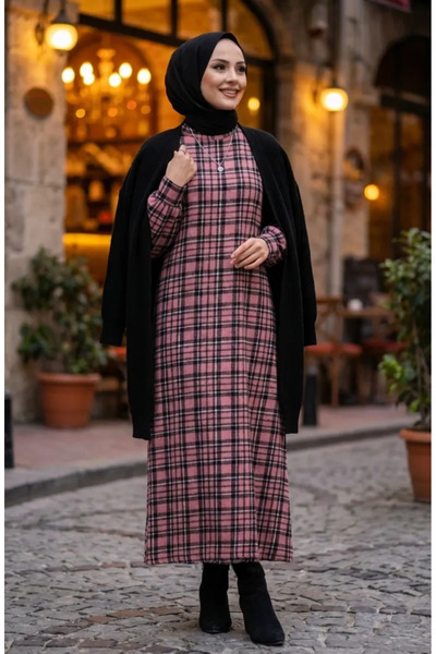 sefamerve Plaid Patterned Lumberjack Winter Dress 2507-04 Dusty Rose