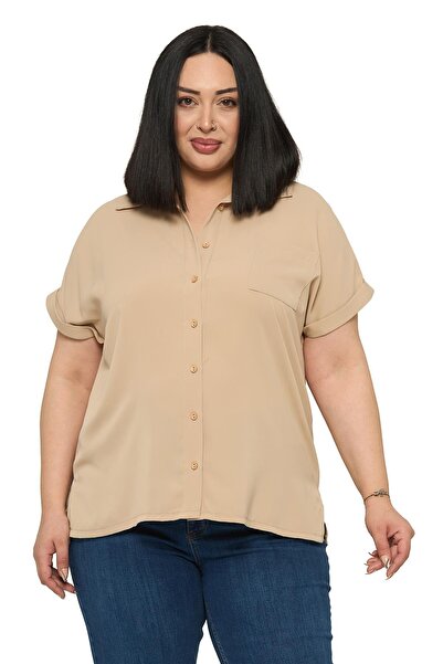 DISENTIS MODEST Large Size Single Pocket Short Double Sleeve Beige Color Shirt