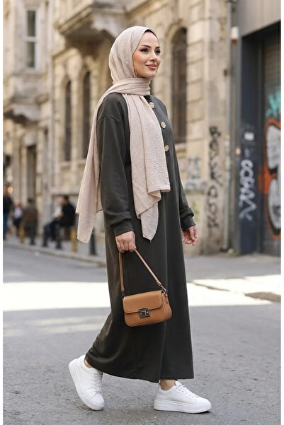 sefamerve Rochie Hijab cu detalii nasturi 2193-01 Kaki