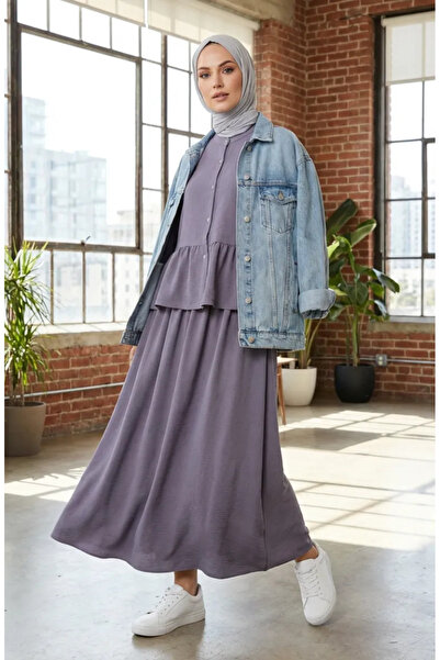 sefamerve Set dublu Hijab din țesătură Aerobin cu volane 4145-08 Gri