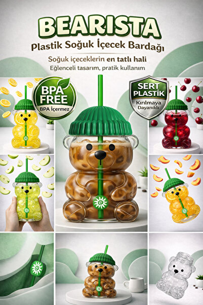 SHOP AND JOY Bearista Sert Plastik Pipetli Ayıcık Bardak - Yeşil Şapkalı Özel...