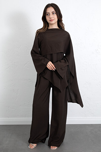 Salih Çelebi Asymmetrical Cut Scarf Suit 266009 - Brown