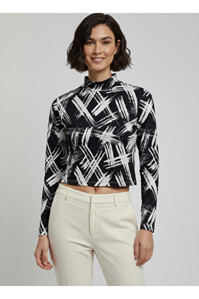 NEW JOURNAL Women's Black-White Half Turtleneck Patterned Crop Blouse Nj75