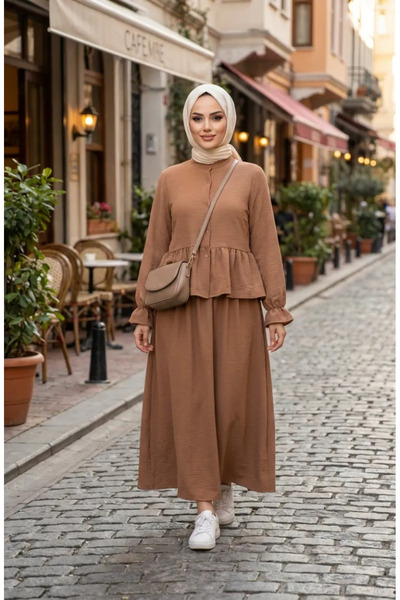 sefamerve Set dublu Hijab din țesătură Aerobin cu volane 4145-01 Maro lăptos