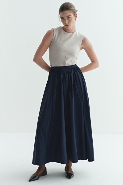 Merve Gültekin Drawstring Wide Folded Lined Skirt Navy Blue