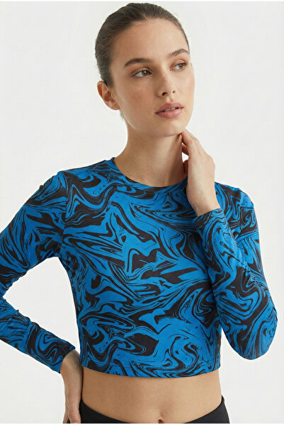 NEW JOURNAL Women's Saks Crew Neck Patterned Crop Blouse Nj74