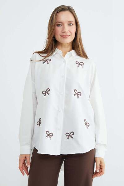 Fulla Moda Bow Embroidered Oversized Shirt