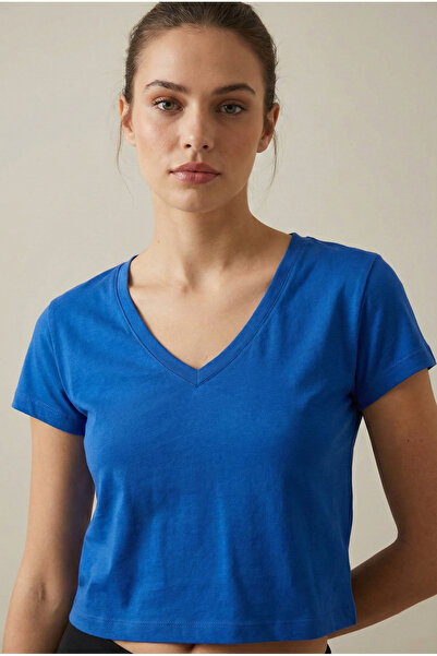 NEW JOURNAL Women's Saks V-Neck Crop Basic T-Shirt Nj78