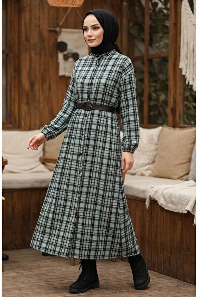 sefamerve Plaid Patterned Buttoned Lumberjack Winter Dress 2510-01 Green Black