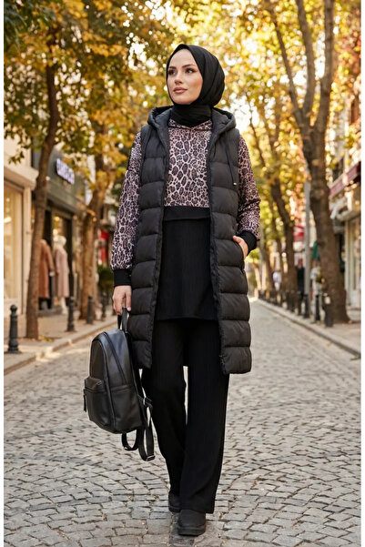 sefamerve Leopard Patterned Hooded Two-Piece Set 2224-03 Brown