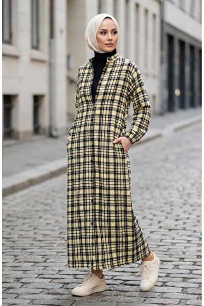 sefamerve Plaid Patterned Buttoned Lumberjack Winter Dress 2510-03 Yellow Black
