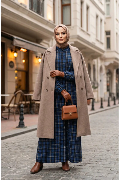 sefamerve Plaid Patterned Buttoned Lumberjack Winter Dress 2510-04 Indigo Black