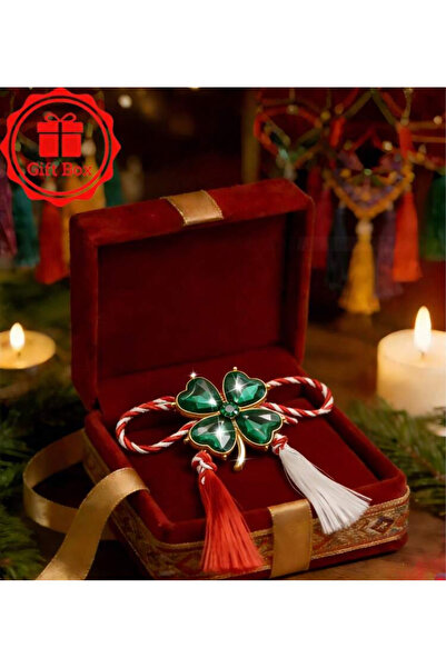 Brandart Premium Martisor - Four-Leaf Clover Brooch, Green Crystals and Velve...