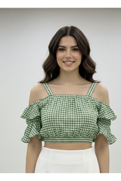 Polologin Butik Green Gingham Patterned Ruffled Crop Blouse