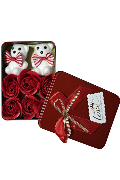 HOŞGARDENS Sevgililer Gününe Özel Kalpli Kırmızı Metal Kutuda Ayıcıklı Kırmız...