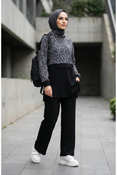 sefamerve Set dublu cu glugă cu imprimeu leopard 2224-01 Antracit