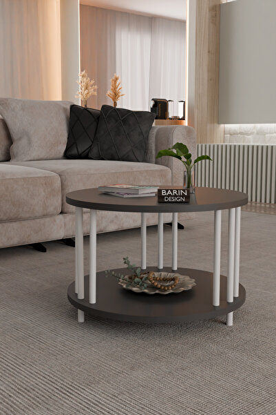 BARIN DESIGN Modern Yuvarlak Orta Sehpa Çift Katlı Beyaz Metal Ayaklı Salon, ...