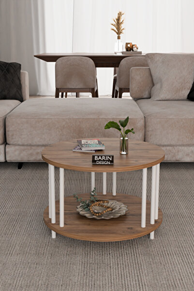 BARIN DESIGN Modern Yuvarlak Orta Sehpa Çift Katlı Beyaz Metal Ayaklı Salon, ...