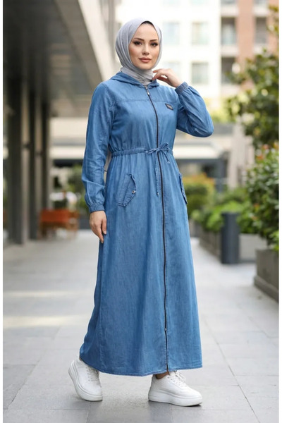 sefamerve Tensel Fabric Hooded Zippered Robe 1601-02 Navy Blue