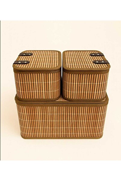 Home Set of 3 Fabric Baskets with Bamboo Lids |   Large and Small Size Organi...