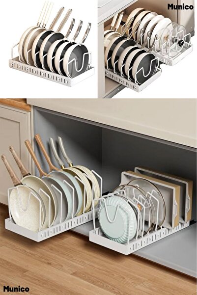 Munico 2 Adet Yapışkanlı Kolay Montaj Beyaz Teleskopik Raylı Tava Tencere Org...